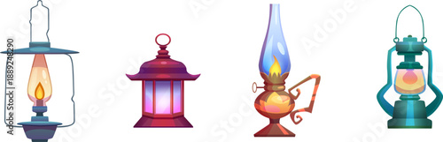 Four antique oil lamps displayed in a row on a white background