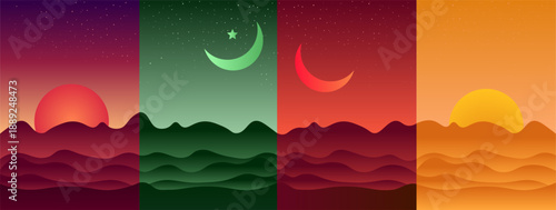 Celestial Tapestry: A mesmerizing illustration presents a quartet of celestial bodies – the sun and moon – majestically set against a textured, stylized mountainscape.