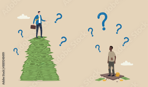 Economic inequality, rich and unfair income, different money people concept, white rich businessman standing high in to salary dollar tower poor black man low dollar note stack
