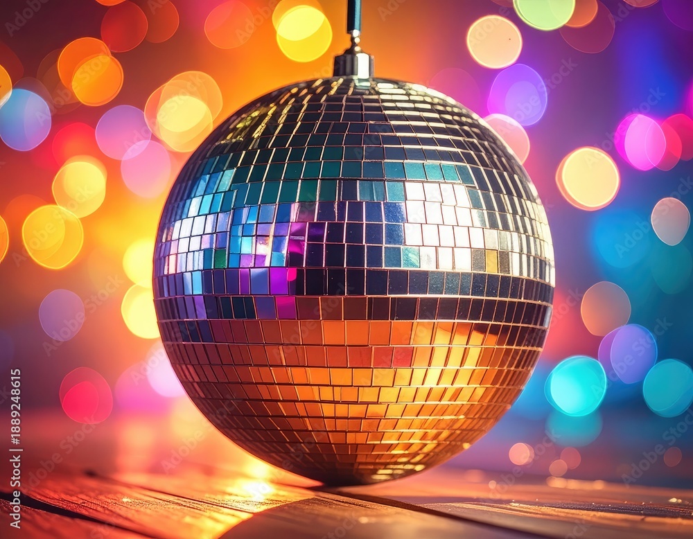 Obraz premium A shimmering disco ball rests on a wooden surface with vibrant, colorful bokeh lights in the background.