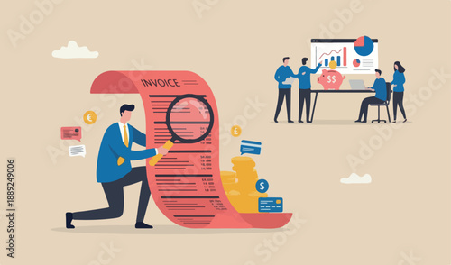 Paying bills, cost and expense analysis personal finance concept, businessman intoo magnifying team meeting analyze budget, income big cow red tax invoice receipt paper