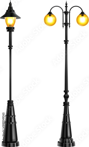 Vintage street lamps with glowing bulbs isolated on a transparent background