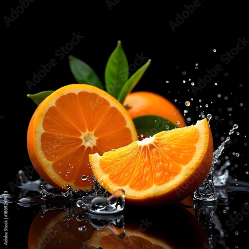 A ripe orange with water droplets around on a reflective surface on a dark background.