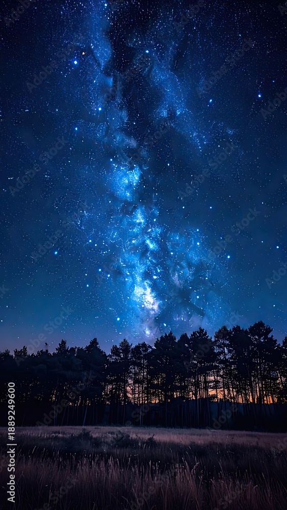 Fototapeta premium A breathtaking night sky panorama showcasing the vibrant blue Milky Way above a dark forest silhouette.