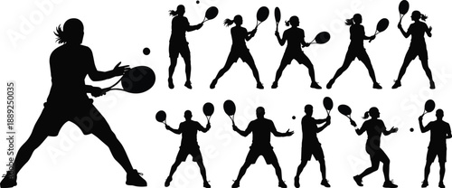 Black Silhouette Vector Illustrations of Tennis Players in Action Poses with Rackets, Capturing Dynamic Movements and Athletic Sports Energy