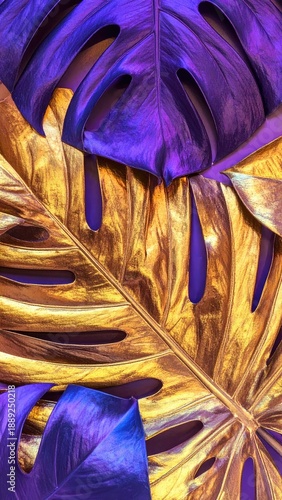 Vibrant metallic monstera leaves in gold and neon purple create a striking tropical texture.
