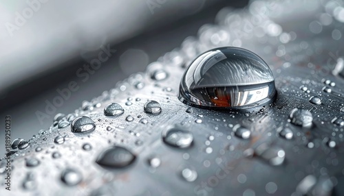 Macro shot of a large, perfectly spherical water droplet resting on a textured metallic surface.