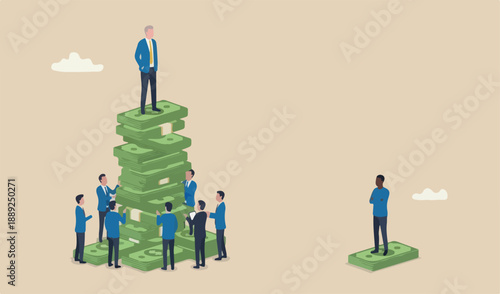 Economic inequality, rich unfair income, different money concept, white rich businessman high in to meeting team salary dollar tower poor black man low dollar note stack