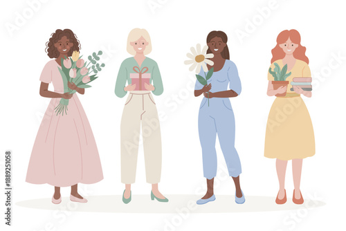 Four Women Holding Spring Gifts and Plants