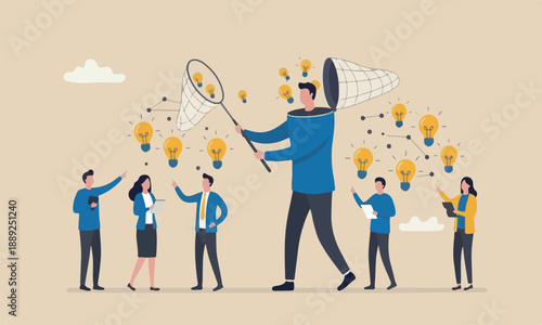 New creative, meeting teams innovation, development or learn skills concept, businessman open his head to using butterfly net to cat light bulb idea