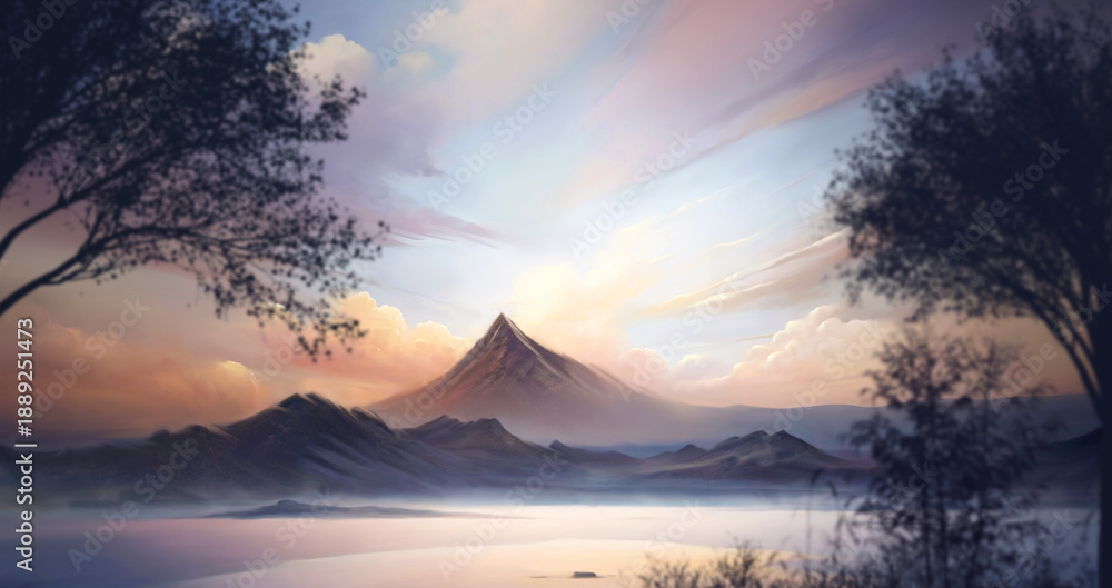 Fototapeta premium landscape view of mountains in the distance and sky with clouds trees and bushes