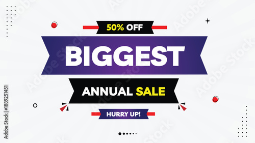 Biggest Annual Sale Banner 50% Off – Hurry Up! Order Now, Discount Elements, Shapes Template, Black Yellow Red Purple Gradient on White Background Basic RGB