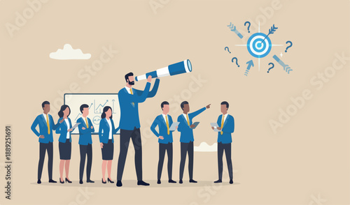 Business direction with leadership visionary, business goal and achievement concept, businessman leader telescope meeting team look for the way in strategy.