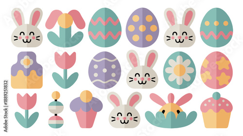 Easter festive elements: bunny, egg, flower, and cake decoration design.