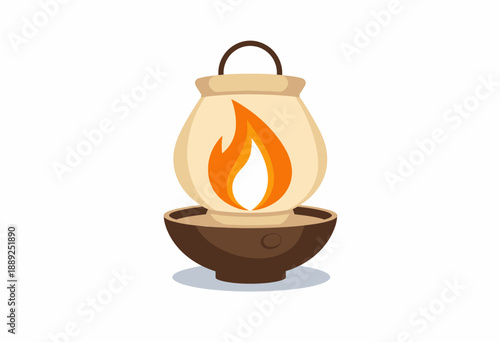 Illustration of a Traditional Lantern with a Bright Flame in Rustic Bowl Design on White Background, Symbolizing Warmth and Guidance