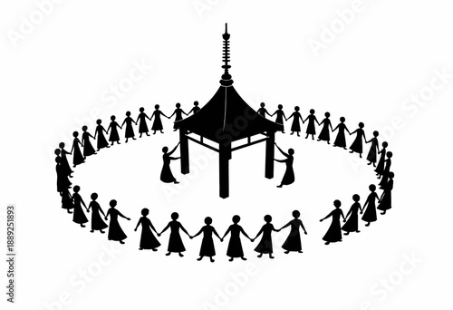 Silhouette of Diverse People Holding Hands in a Circle Around a Pagoda Structure Symbolizing Unity and Harmony