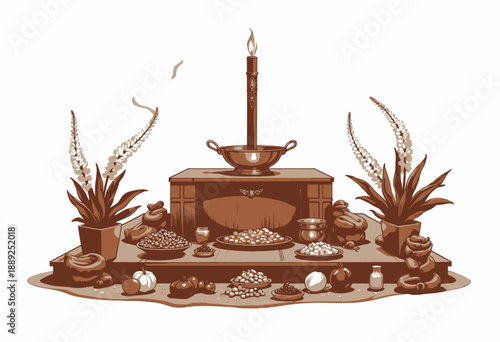 Traditional Cultural Altar Display with Incense, Flowers, and Food Offerings for Ceremonial Rituals and Festive Celebrations