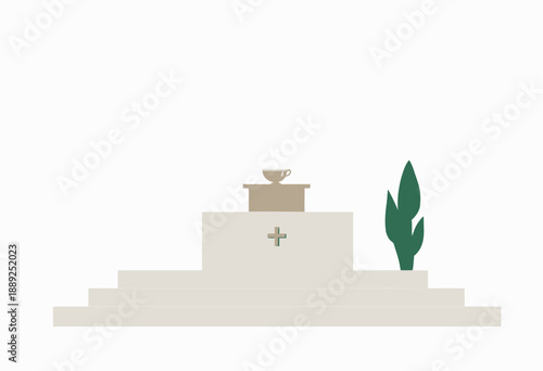 Minimalistic illustration of a ceremonial podium with a golden trophy, decorated with a cross, and accompanied by a green plant on a white background