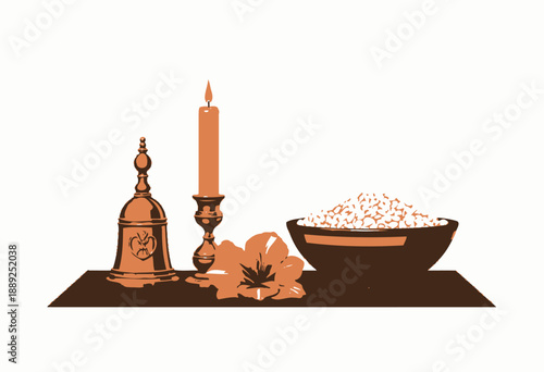 Illustration of Ritual Elements: Bell, Candle, Flower, and Bowl of White Grains on a Wooden Surface for Ceremonial Practices
