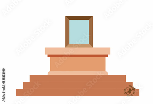 Illustration of a Empty Pedestal with Framed Background and Stairs in Minimalist Style on a Plain White Canvas