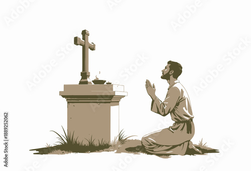 Illustration of a Man Kneeling in Prayer Before a Cross on an Outdoor Stone Altar Surrounded by Grass