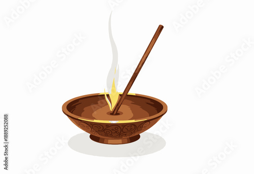 Elegant illustration of a burning incense stick placed in a beautifully carved wooden holder with smoke gently rising in a tranquil ambiance