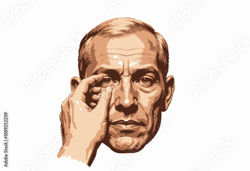 Detailed Illustration of a Hand Placing a Contact Lens on an Older Man's Eye Highlighting Vision and Optical Health Care