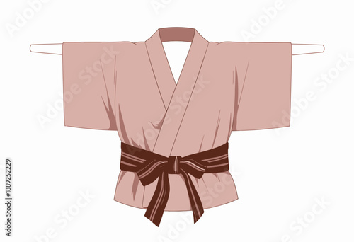 Elegant Traditional Garment with Intricate Knot and Richly Textured Belt Displayed in Simplistic and Artful Presentation