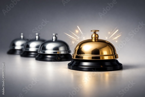 Four desk bells aligned in a row, with the foremost one being gold and the rest silver, creating a sleek and modern visual.