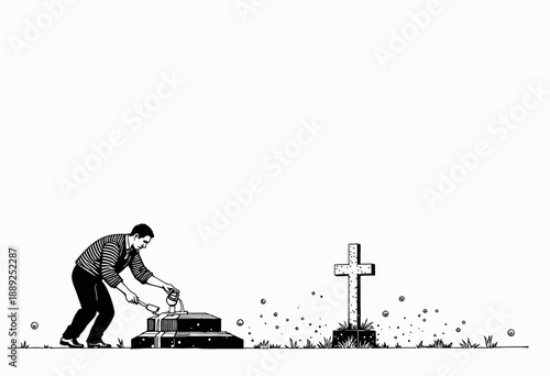 Man Planting Flowers on a Grave Beside a Cross Under a Bright Sky Depicting Memories and Tribute in a Quiet Cemetery Scene
