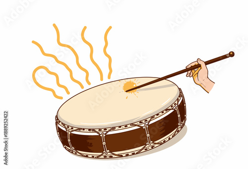 Illustration of a wooden drum being struck with a drumstick by a hand, creating sound waves that radiate outward, capturing the essence of rhythm and percussion