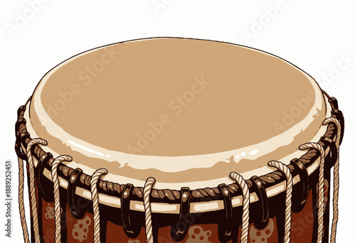 Illustration of a Traditional Handcrafted Drum Featuring Intricate Rope Tension Design and Detailed Decorative Patterns on the Wooden Shell