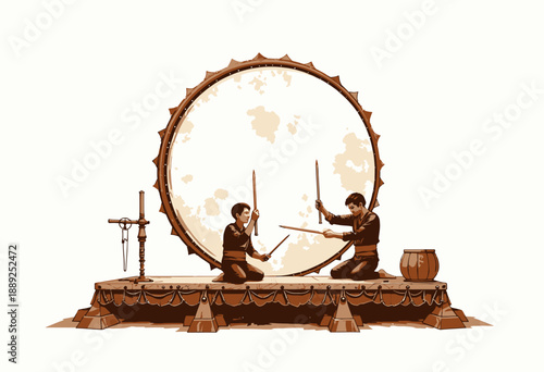 Two Performers Engaged in Dynamic Taiko Drum Performance on Wooden Platform Featuring Large Traditional Instrument with Mallets