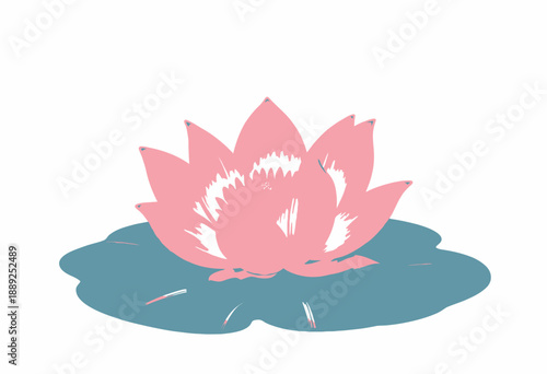 Serene depiction of a blooming pink lotus flower gracefully resting on a vibrant green lily pad against a crisp white background, symbolizing purity and tranquility