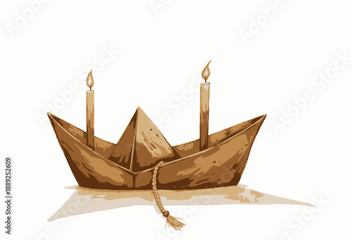 Artistic depiction of a wooden paper boat with lit candles creating a warm, serene atmosphere, showcasing craftsmanship and simple elegance