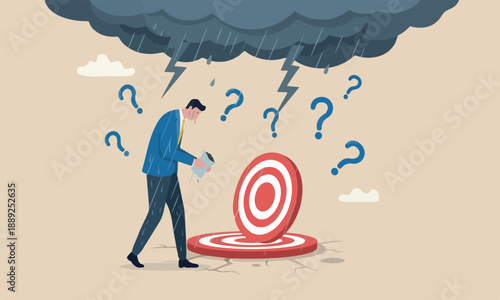 Having bad day, target , or depression, failure feeling bad or difficulty, having problem and trouble concept, depressed wet businessman walking in raining thunderstorm