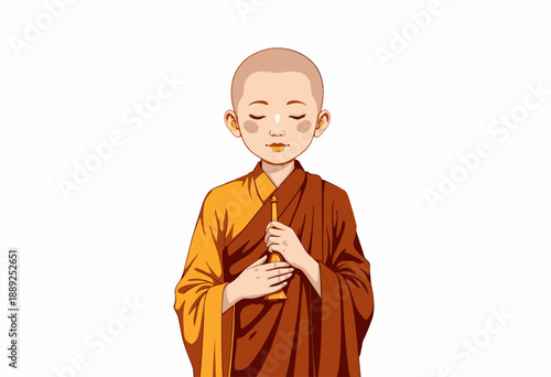 Serene Young Monk Meditating Peacefully in Traditional Simple Robe While Gently Playing a Wooden Flute Set Against a Minimalist Background