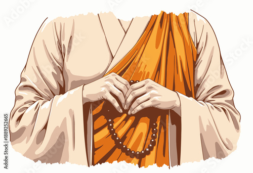 Serene Buddhist Monk Holding Prayer Beads in Contemplative Pose Amidst Peaceful Surroundings With Orange and Beige Robes