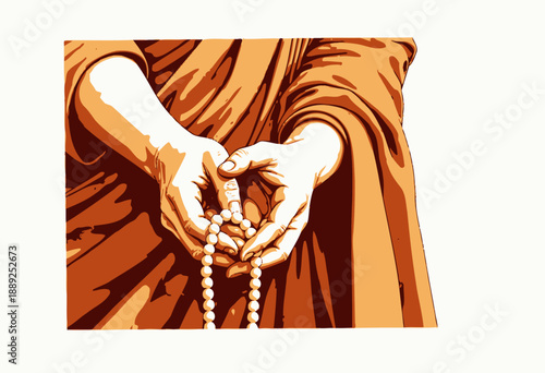 Close-Up of Hands Holding Prayer Beads in Meditative Posture with Orange Robe Capturing Serenity and Spiritual Reflection