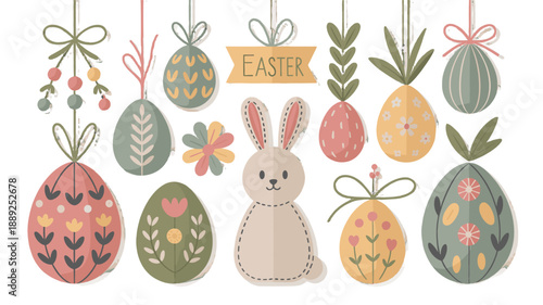 Festive Easter ornaments and elements in a colorful display.