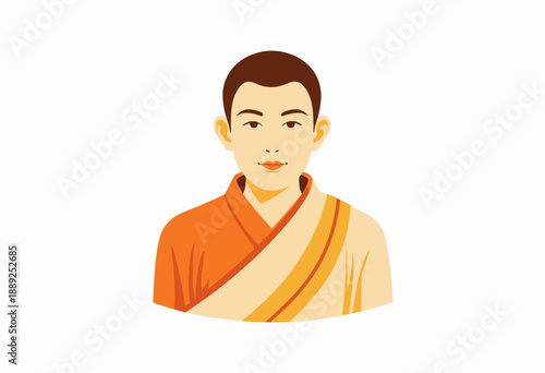 Illustration of a Zen monk in traditional orange attire with a serene expression on a white background symbolizing peace and spiritual enlightenment