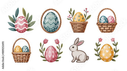 Easter eggs illustration set featuring a bunny and baskets.