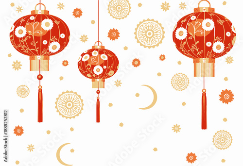 Intricate Red Lanterns Adorned with Floral Patterns Gracefully Suspended Amongst Gold Accents and Symbolic Crescent Shapes on a White Background