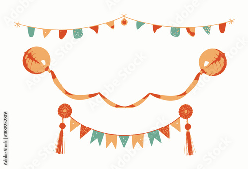 Colorful Festive Banners with Lanterns and Decorations for Celebrations and Party Enhancements in Vibrant Traditional Patterns and Styles