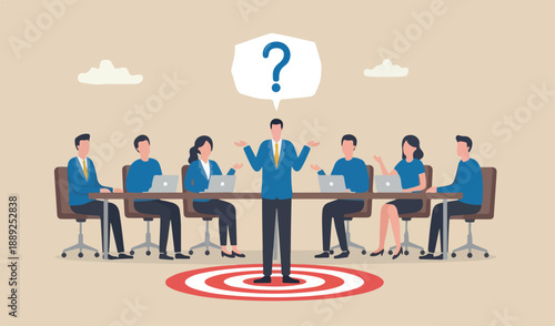 Awkward moment, embarrassment conversation, nervous clueless work, moment question concept, awkward confused red big bullseye too target shrug businessman helpless speech bubble.