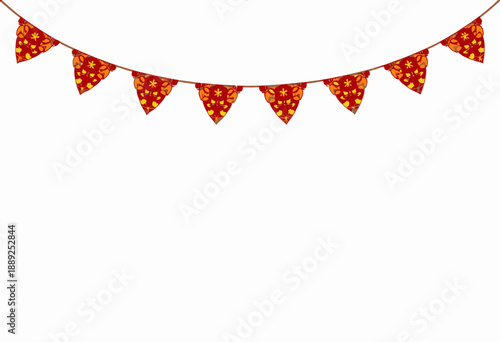 Colorful triangular pennant bunting with decorative floral patterns hanging against a plain white background, perfect for festive celebrations and party decorations