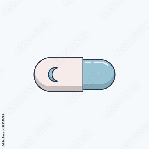 Capsule Pill with Moon Icon, Sleep Medicine Illustration. Flat vector illustration of a sleep aid capsule featuring a calming crescent moon symbol, representing restful nights, medication, wellness