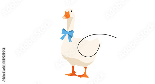 Elegant white goose wearing blue bow standing gracefully, an illustration depicting farm animals, waterfowl, nature, and avian wildlife, suitable for children's books, education,.