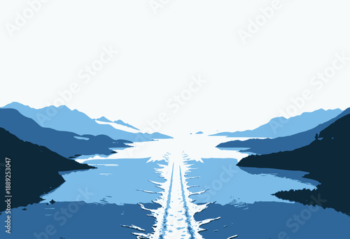 Spectacular panoramic view of a vast serene lake surrounded by forested mountains under a clear blue sky with a distinctive water trail through the center