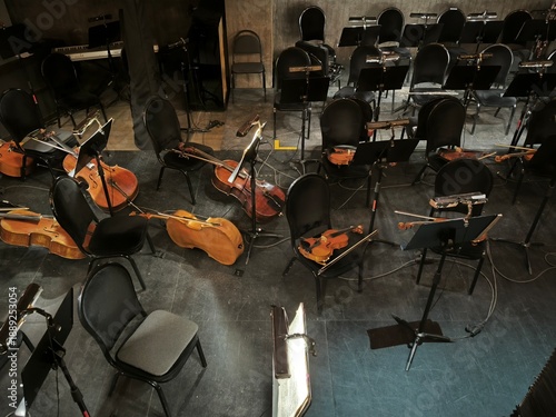 musical instruments in the orchestra pit during intermission